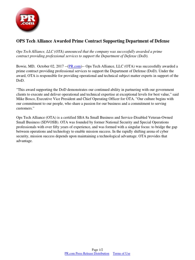 OPS Tech Alliance Awarded Prime Contract Supporting Department of ...