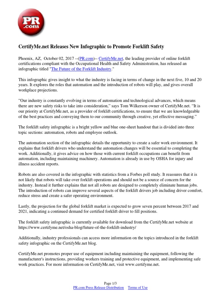 Releases New Infographic To Promote Forklift Safety Forklift Occupational Safety And Health