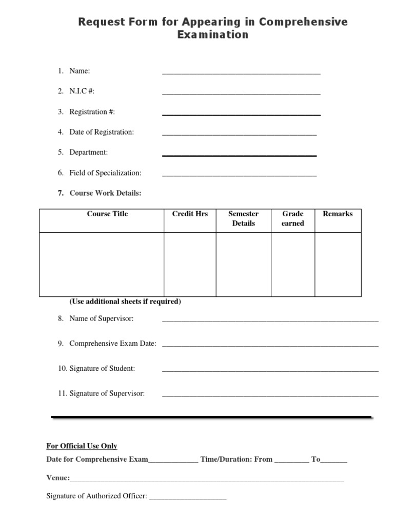 Request Form For Appearing in Comprehensive Examination: 7. Course ...