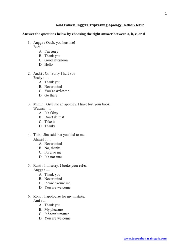 Soal Bahasa Inggris Expressing Apology Kelas 7 Smp Docx