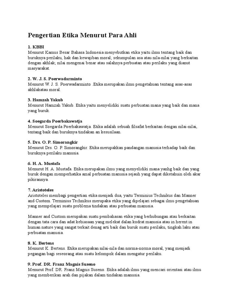 Pengertian Etika Menurut Para Ahli