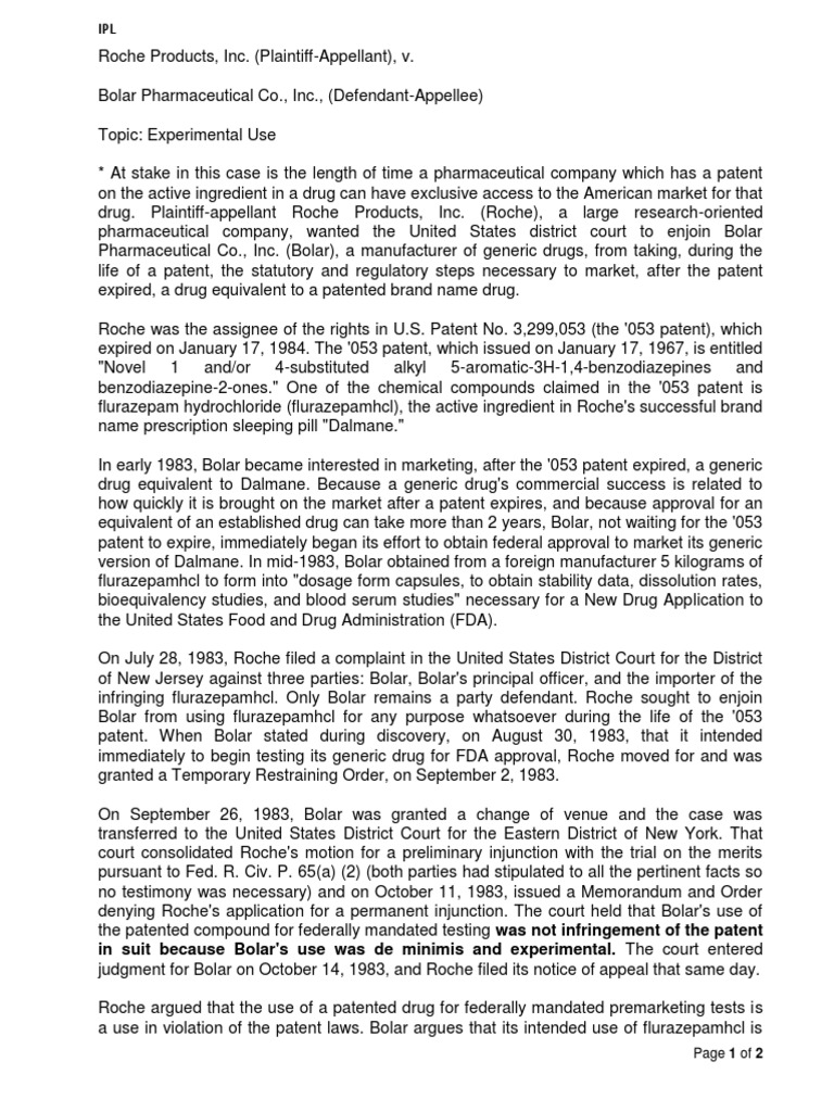 Roche v. Bolar: Flurazepam Patent Case | PDF | Generic Drug | Patent