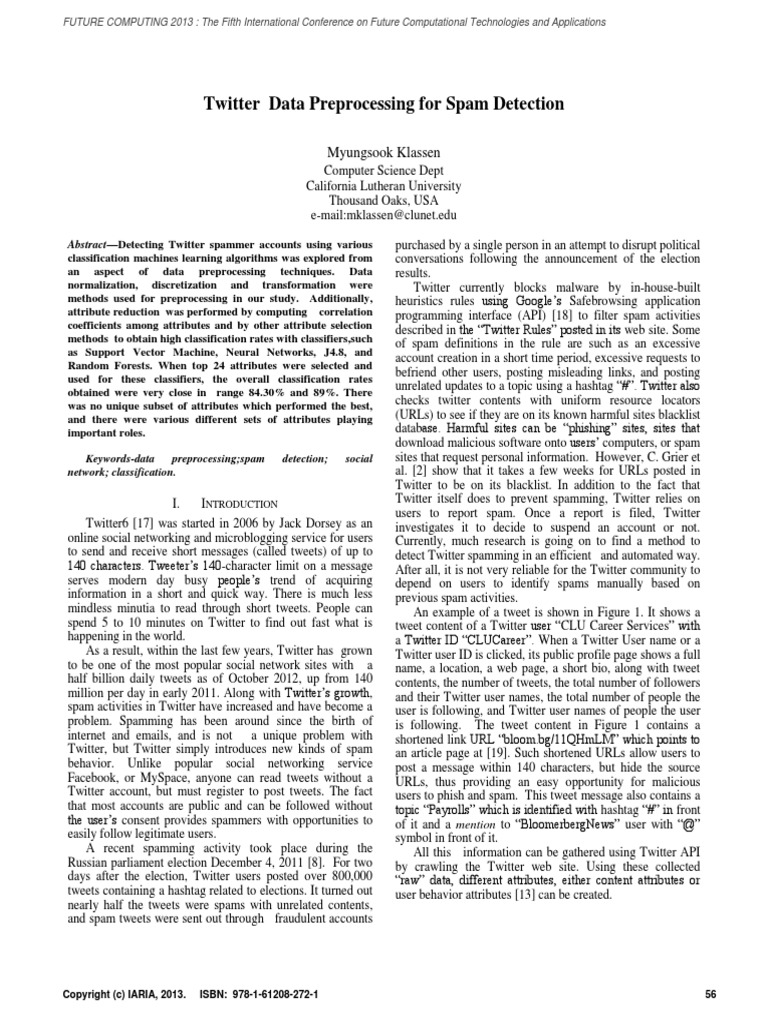 Twitter Data Preprocessing For Spam Detection: Myungsook Klassen | PDF ...