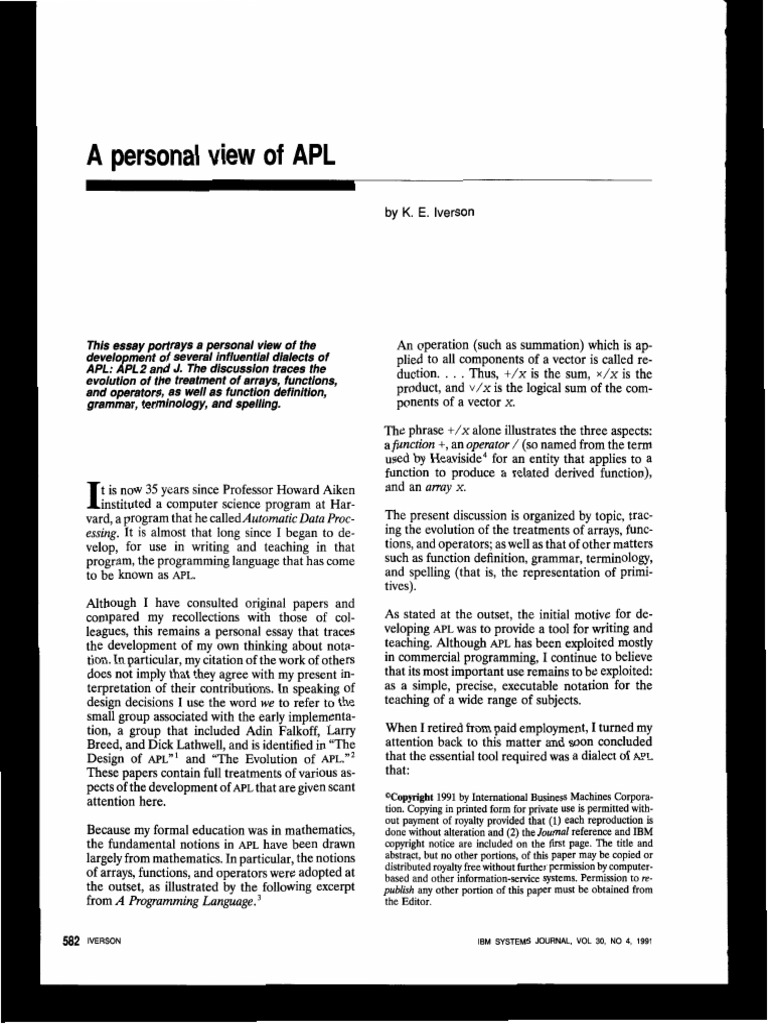 IVERSON - Personal View of APL | Apl (Programming Language) | Matrix ...