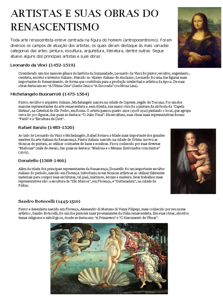 Principais Artistas e Obras do Renascimento | PDF | Renascimento ...