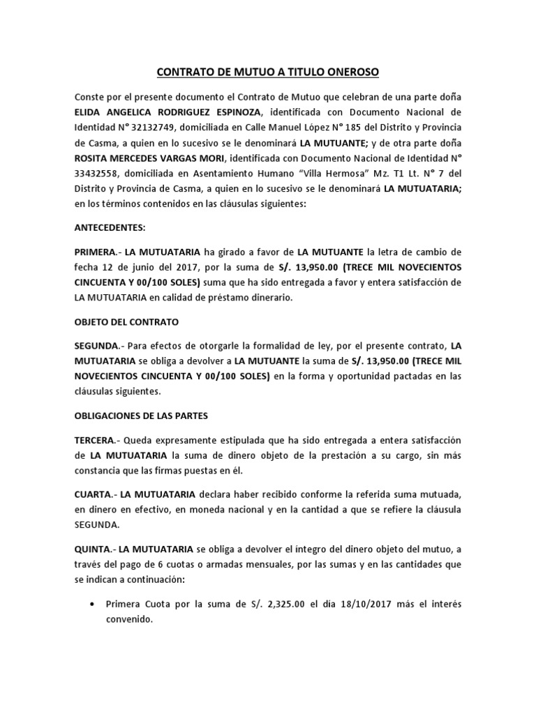 Contrato de Mutuo a Titulo Oneroso Pagaré Pagos