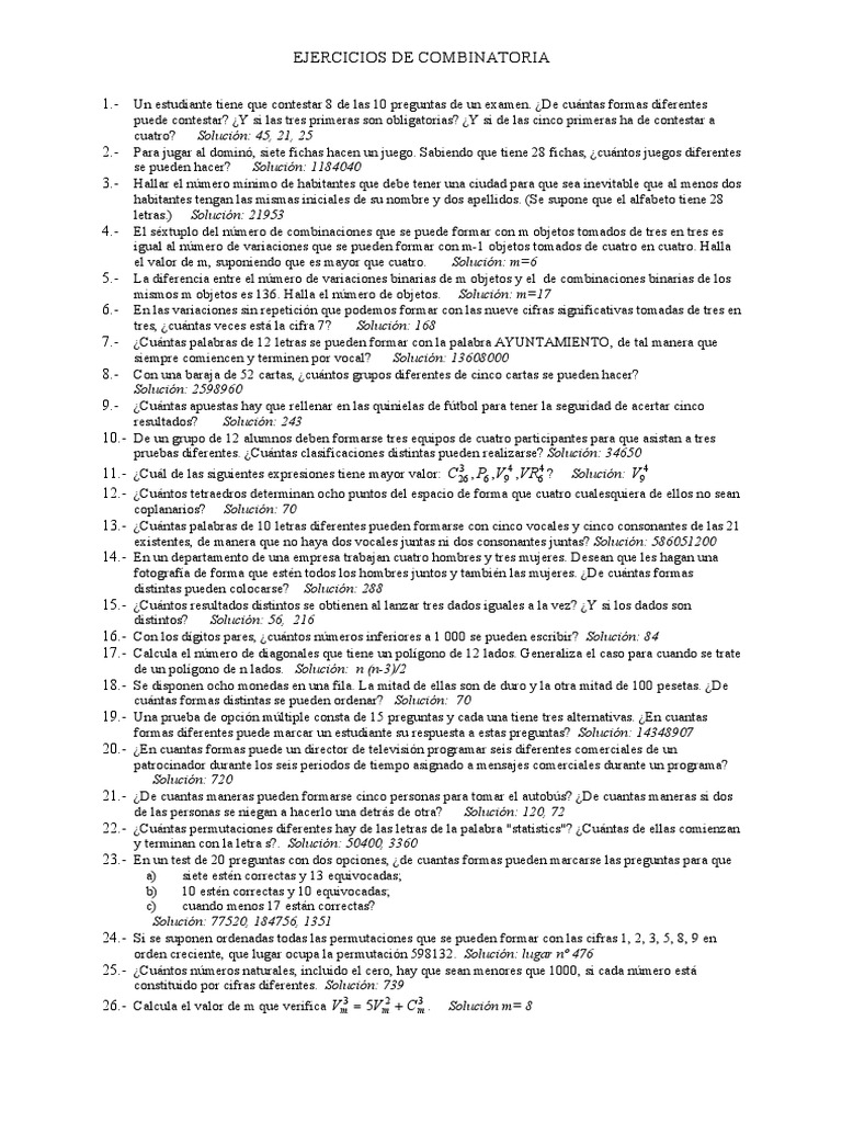 Ejercicios de Combinatoria Resueltos | PDF | Combinatoria | Permutación