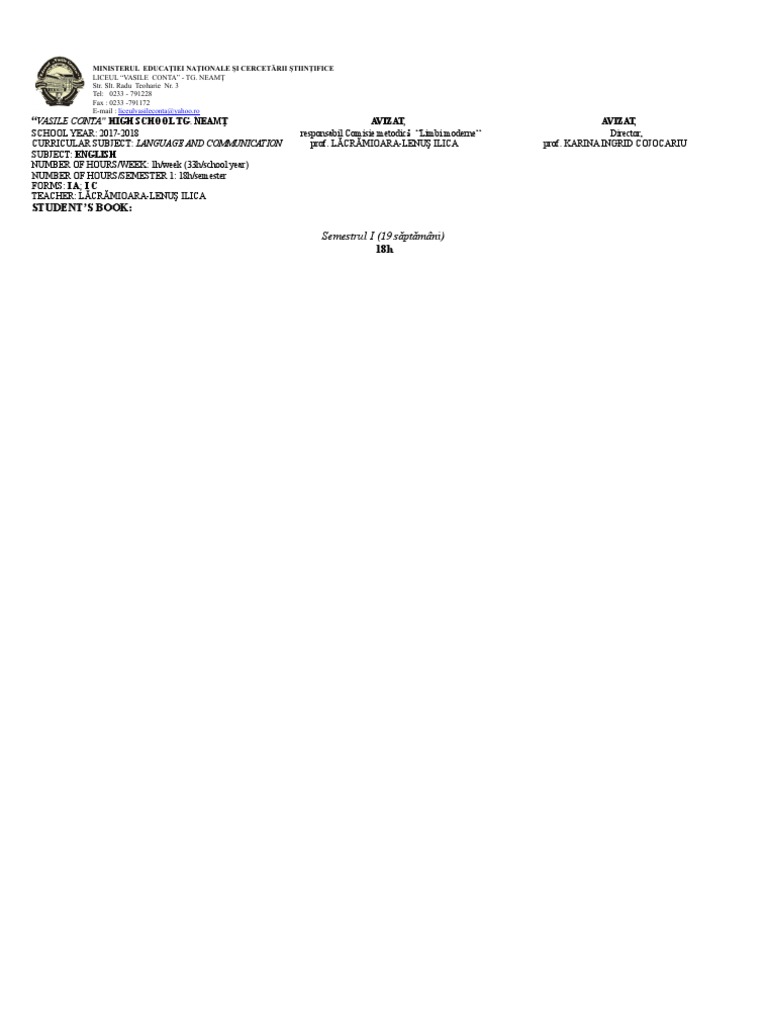 Vasile Conta High School Tg NeamÅ£ Avizat Avizat Languages Language Arts Discipline