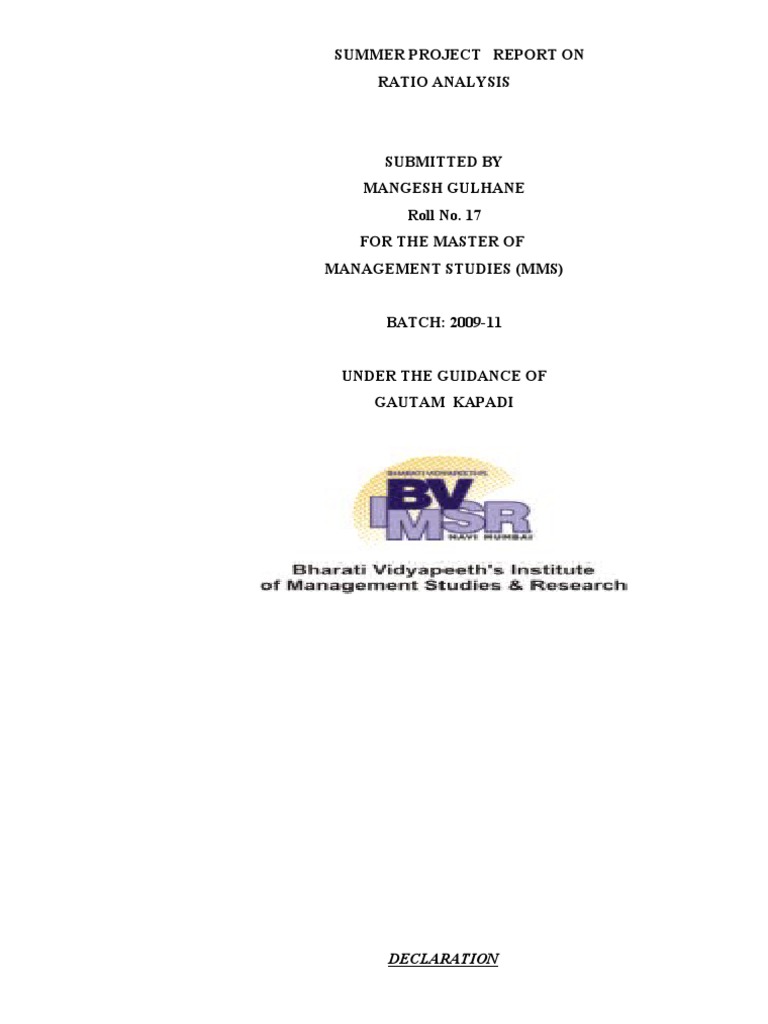 Ratio Analysis: Summer Project Report On | PDF | Equity (Finance) | Debt