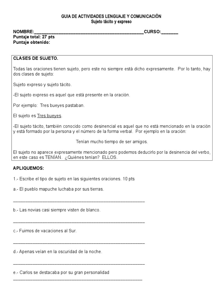 Sujeto Tacito Y Expreso Pdf Asunto Gramática Verbo