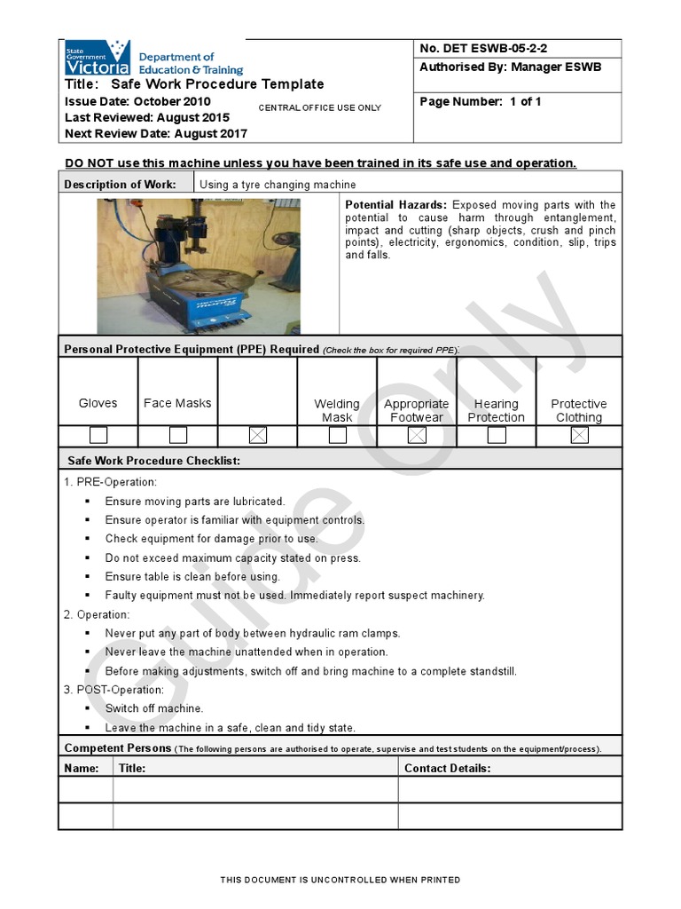 Tyre Changer Procedure Personal Protective Equipment Safety