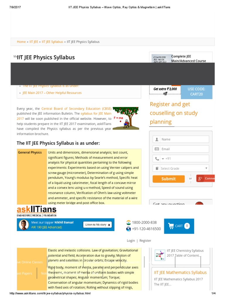 IIT JEE Physics Syllabus Wave Optics, Ray Optics & AskIITians PDF Momentum