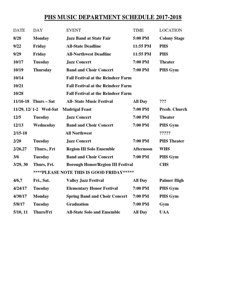 PHS Music Department Events 2017-2018 | PDF | Art