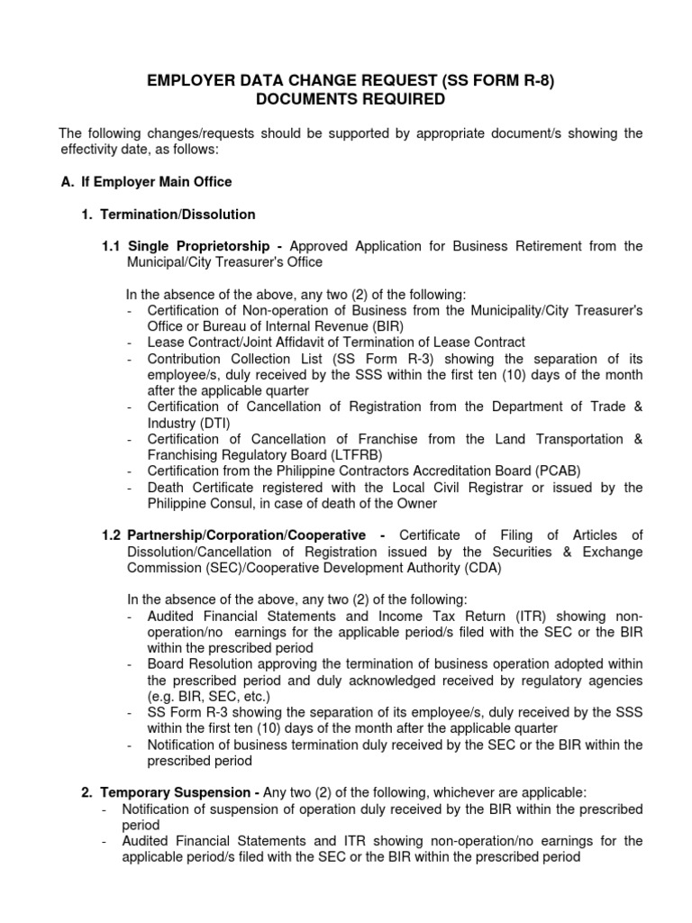 Employer Data Change Request (Ss Form R-8) Documents Required | PDF ...