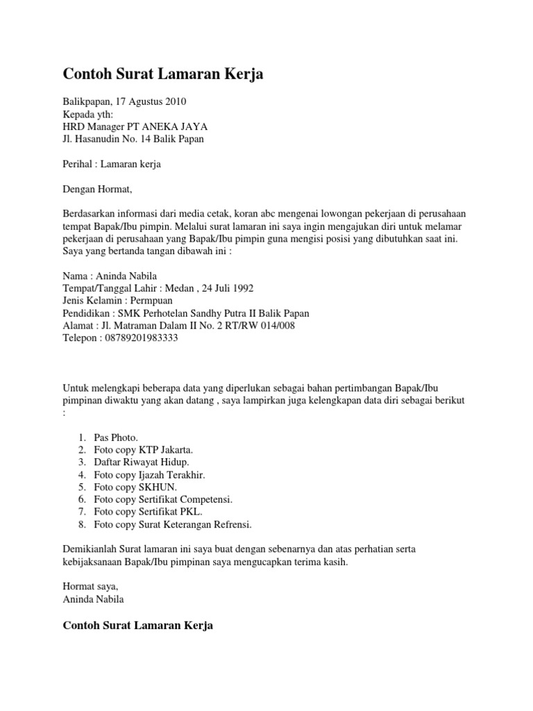 Doc Contoh Surat Lamaran Kerja 1 Putria Ana Academia Edu