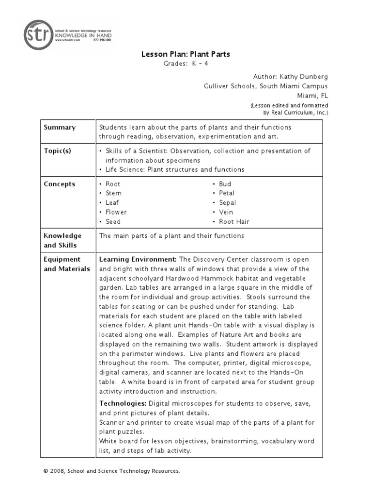 Lesson Plan: Plant Parts: Topic(s) | PDF | Microscope | Flowers