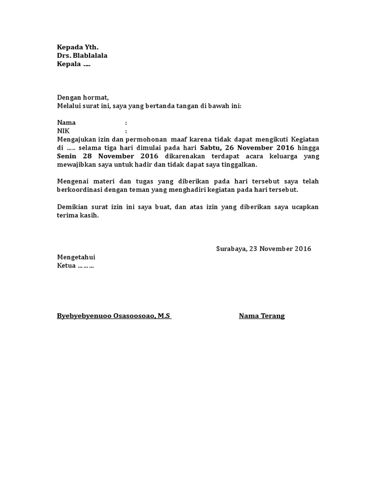 Contoh Surat Izin Tidak Ikut Kegiatan