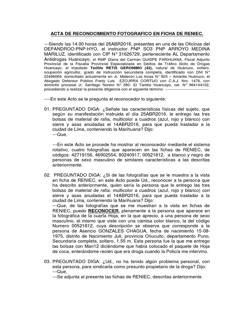 Acta de Reconocimiento Fotografico en Ficha de Reniec | PDF | Gobierno ...
