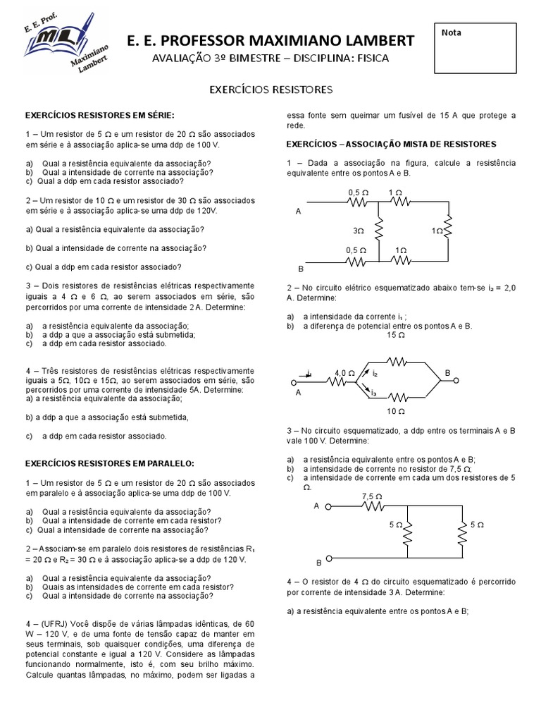 Exercícios de Resistores em Circuitos | PDF | Resistência elétrica e ...