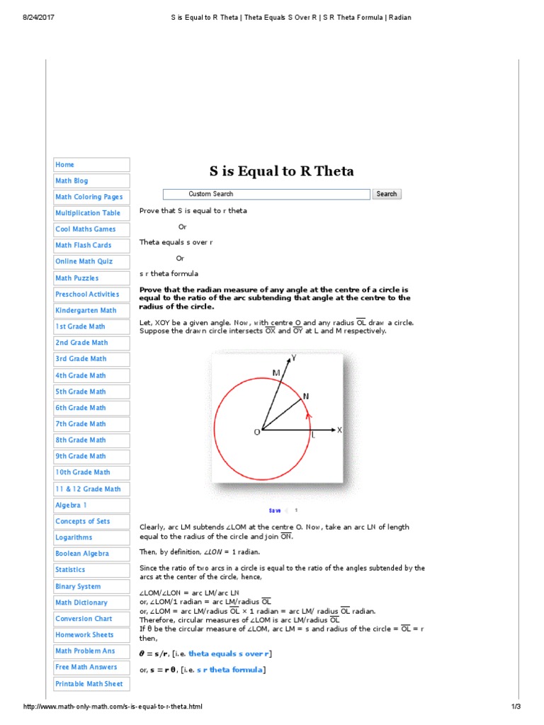 S Is Equal To R Theta - Theta Equals S Over R - S R Theta Formula - Radian  | PDF | Angle | Trigonometry