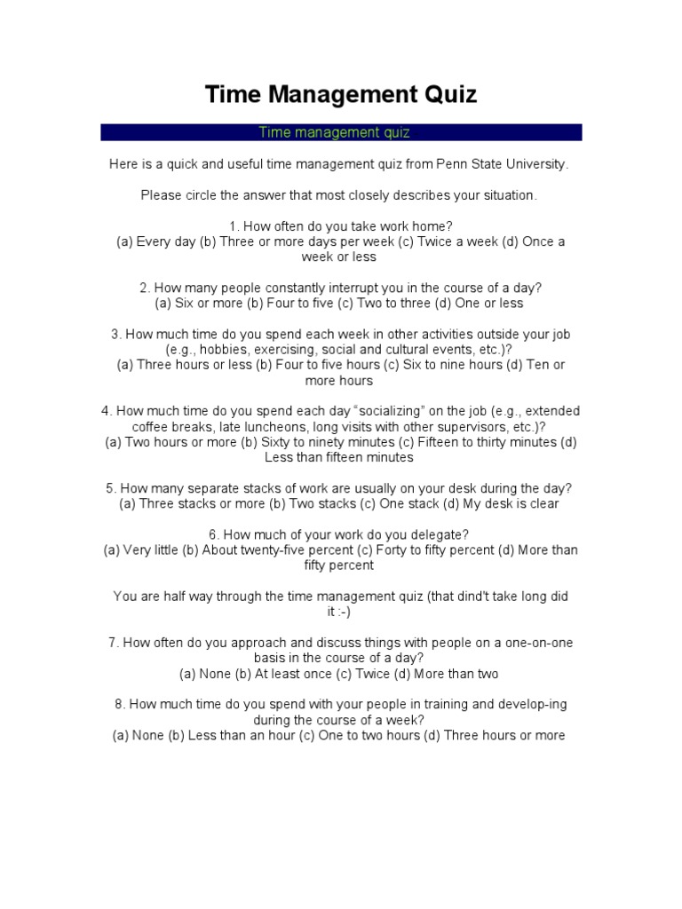 Time Management Quiz PDF Time Management Professional Skills