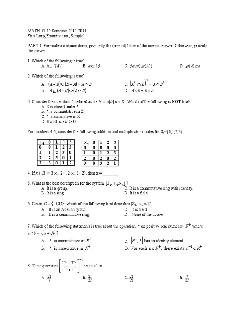 Math 17 First Long Exam Sample 2010-11 | PDF | Ring (Mathematics ...