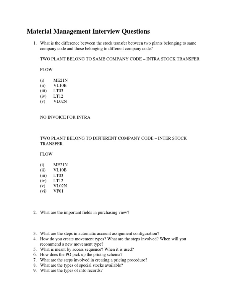 Material Management Interview Questions PDF Computing Business