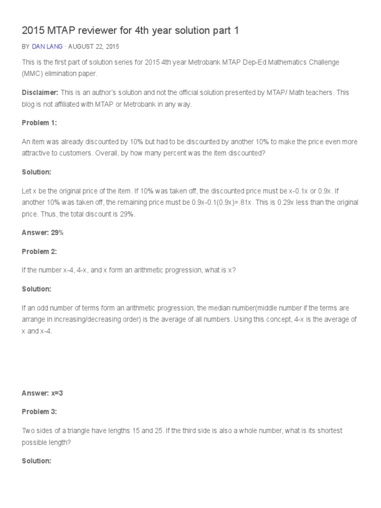 2015 MTAP Reviewer For 4th Year Solution Part 1 | Download Free PDF ...