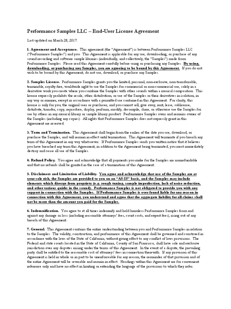 Performance Samples EULA | PDF | Indemnity | Private Law