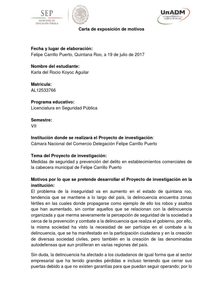 Carta de Exposición de Motivos Delito Gobierno