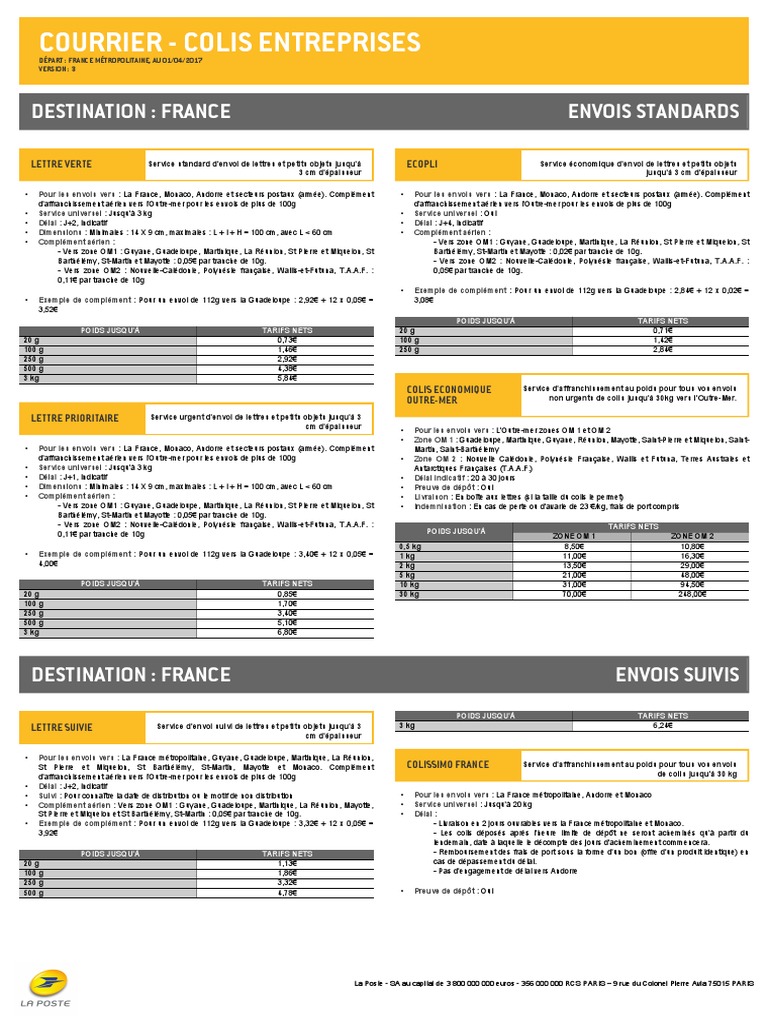 Tarif La Poste 2022 International Colissimo Tarifs 2017 | Système postal | France