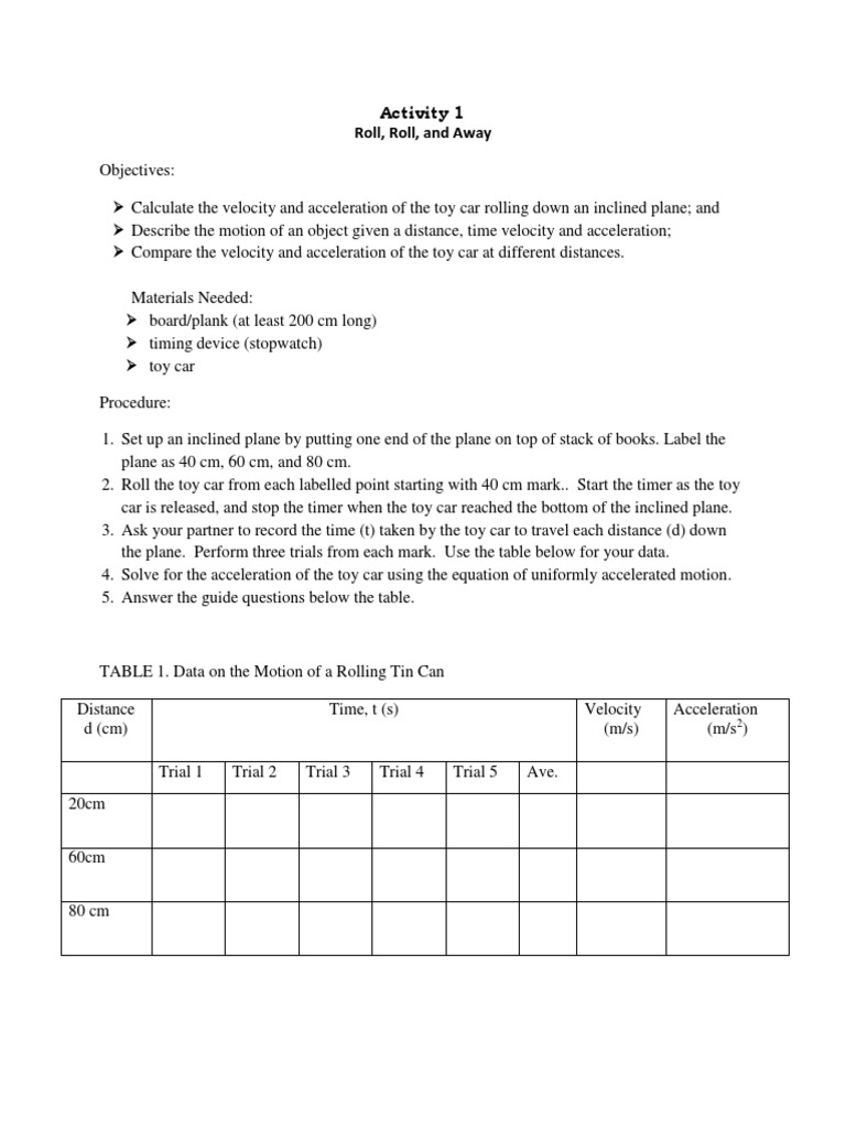 Activity 1 Roll, Roll and Away PDF