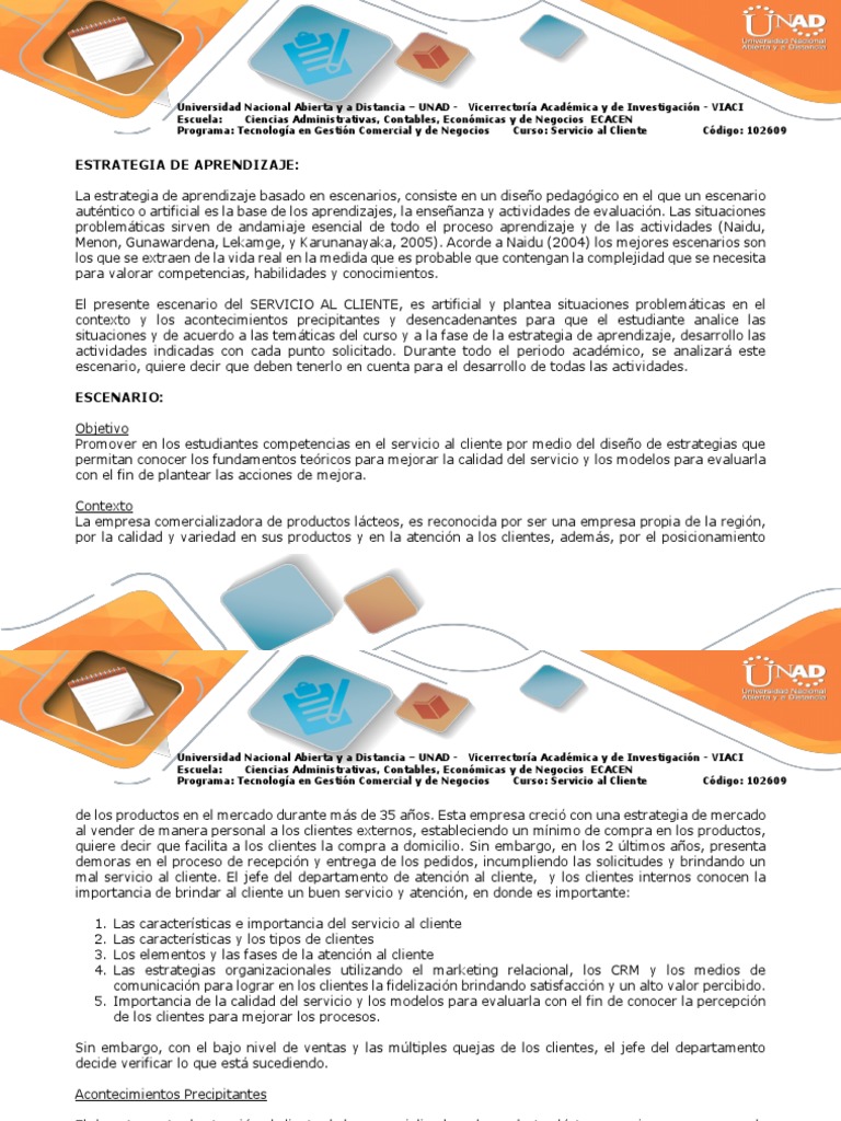 Escenario Planteado Estrategia De Aprendizaje 2 Servicio Al Cliente Servicio Al Cliente Cliente