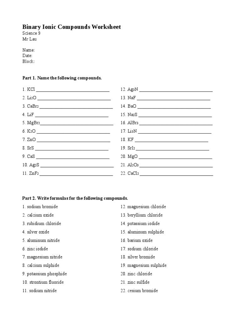 Naming Binary Ionic Compounds Ws  PDF Within  Naming Binary Ionic Compounds Worksheet