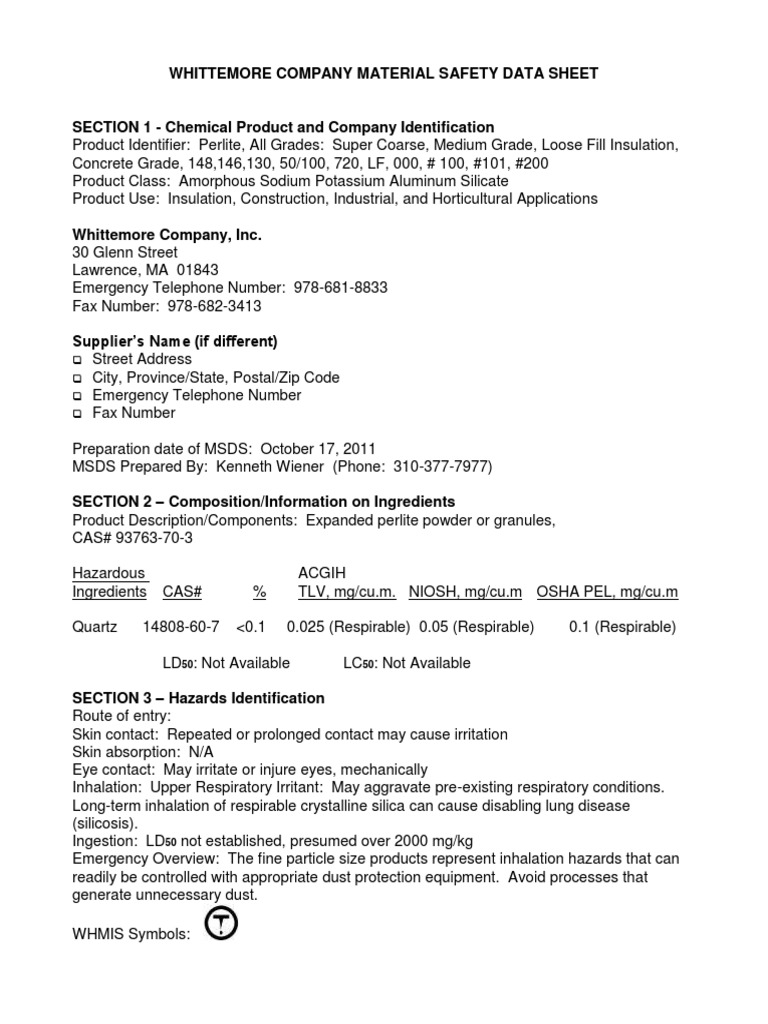 Whittemore Company Material Safety Data Sheet PDF Materials Chemistry