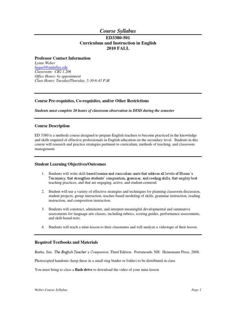 English Curriculum Methods Syllabus | PDF | Lesson Plan | Teachers