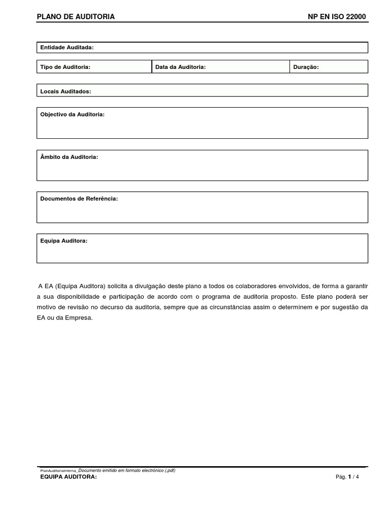 Plano de Auditoria Interna ISO 22000 | PDF | Auditoria interna | Business