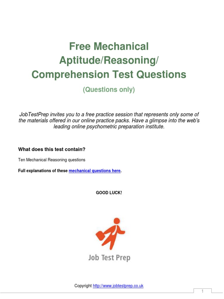 Free Mechanical Aptitude Reasoning Comprehension Test Questions