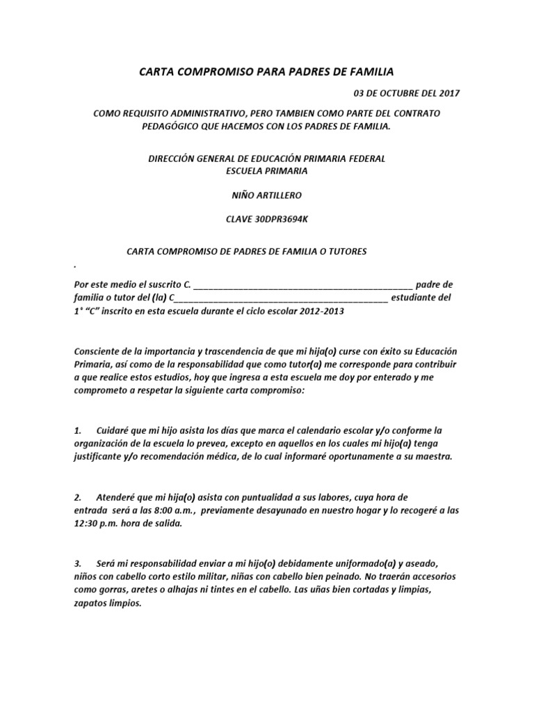 Carta Compromiso para Padres de Primaria | PDF | Comportamiento | Adultos