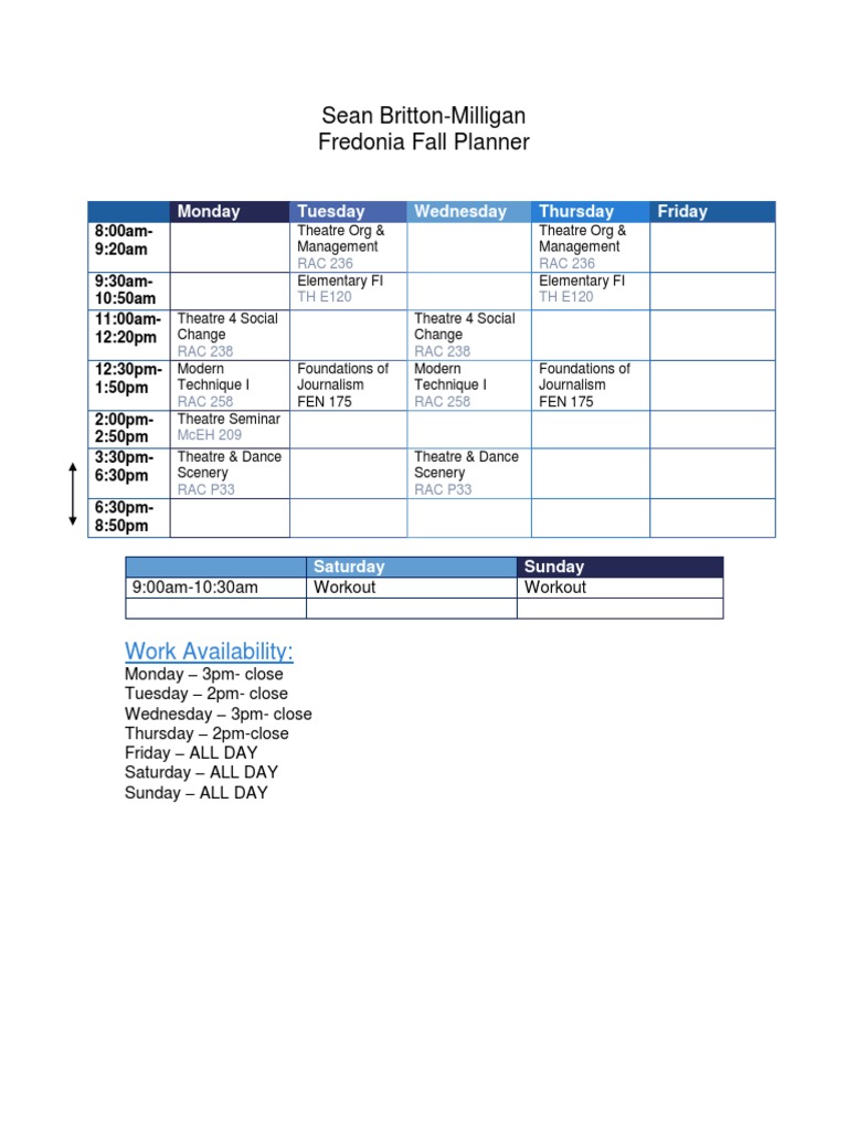 Sean BrittonMilligan Fredonia Fall Planner Work Availability PDF
