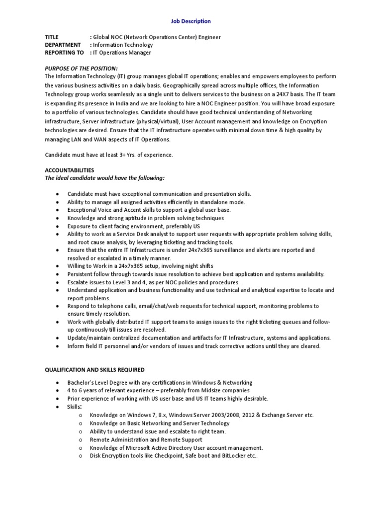 Job Description NOC Engineer PDF Technical Support Computer Network