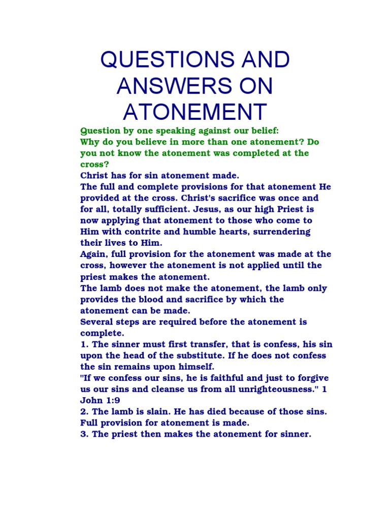 Questions and Answers On Atonement PDF Atonement In Christianity Sin
