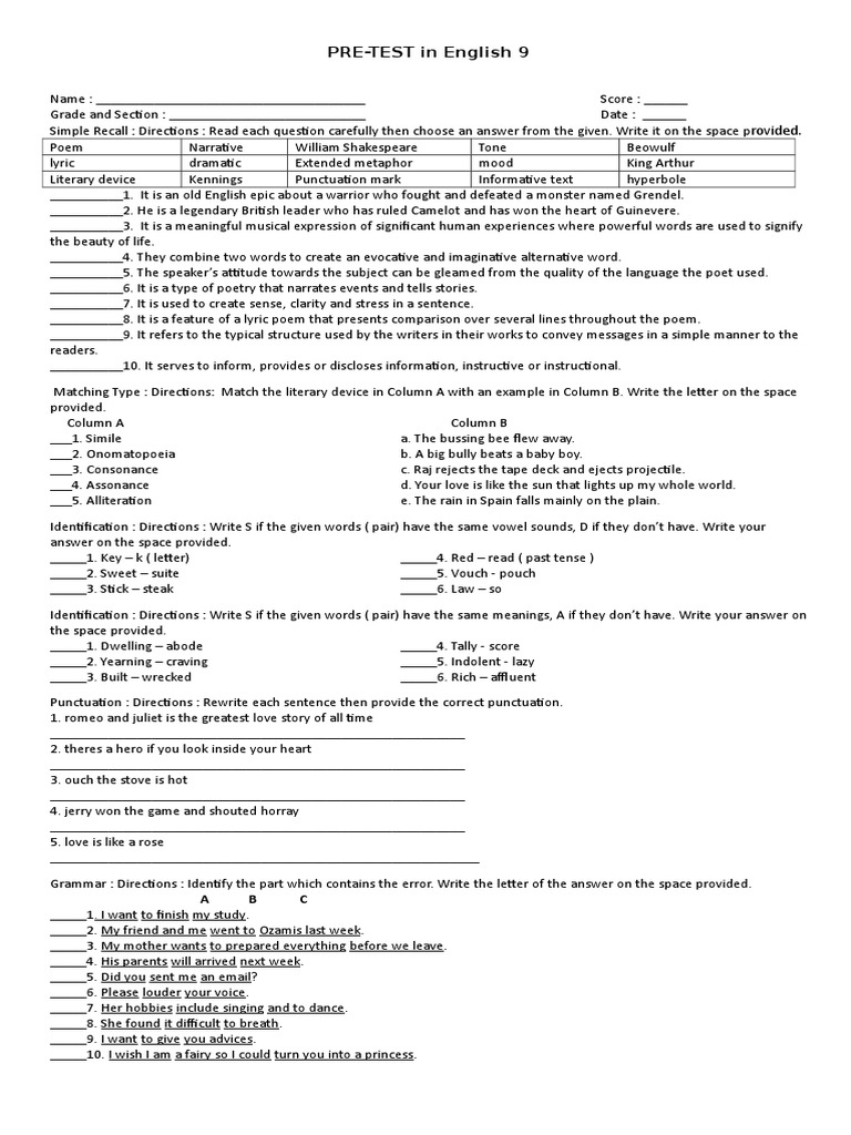 PreTest Review English Grammar, Literature Terms, and Writing