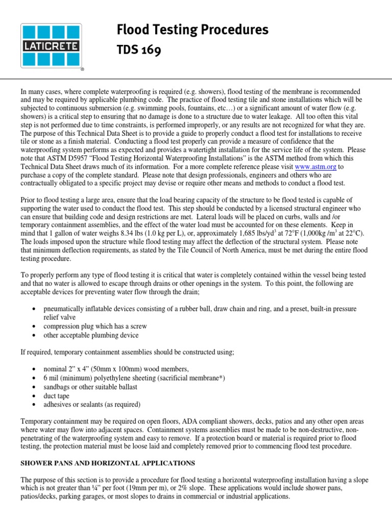 Flood Testing Procedures: Shower Pans and Horizontal Applications | PDF ...
