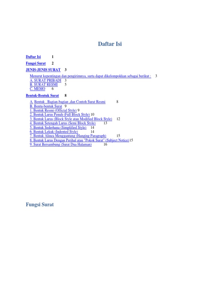 Daftar Isi Fungsi Surat
