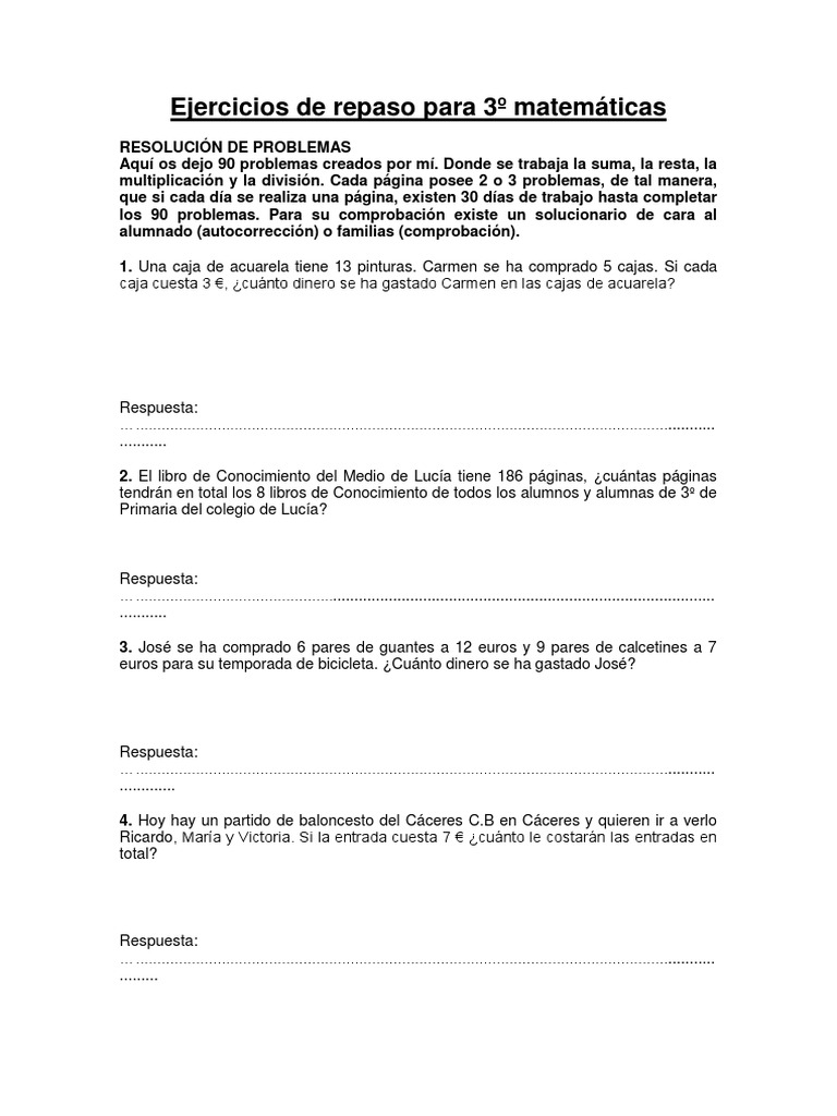 Ejercicios de Repaso para 3º Matemáticas | PDF | Deporte del atletismo ...