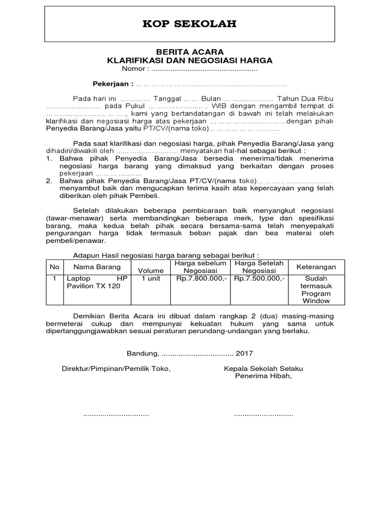 Contoh Berita Acara Negosiasi 10 50 Juta