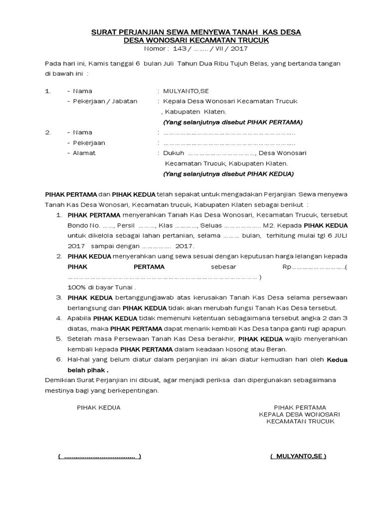 Surat Perjanjian Sewa Tanah Pdf