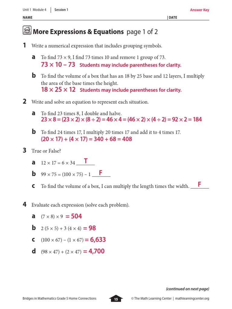 bridges in mathematics grade 5 home connections answer key pgs 15 18 pdf teaching mathematics