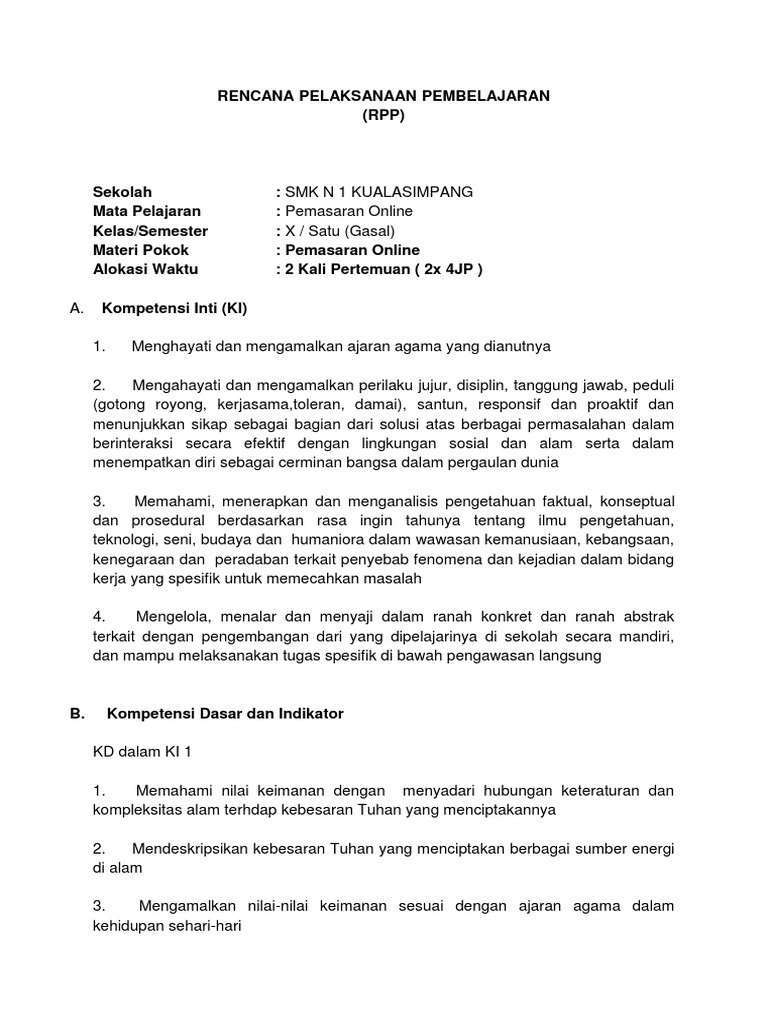 RPP Pemasaran Online SMK N 1 Kualasimpang | PDF